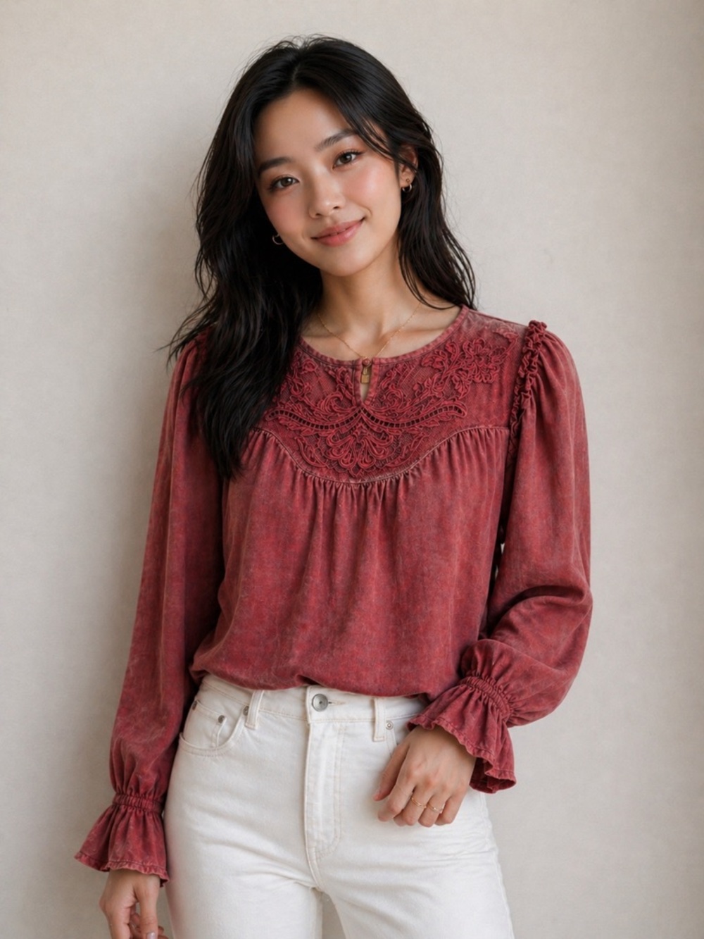 Anthropologie Washed Rose Lace-Yoke Long Sleeve Blouse